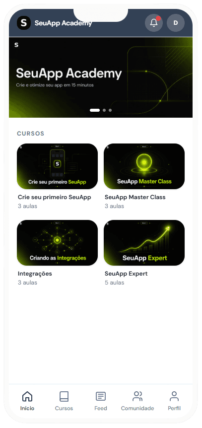 Mockup da Academia SeuApp rodando como PWA no celular