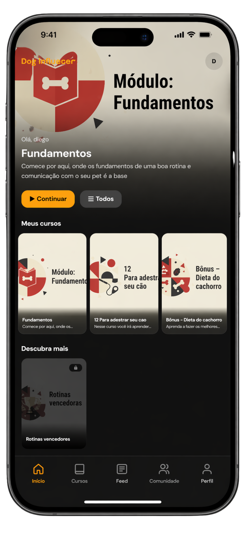 App tema Netflix — billboard do módulo em destaque, carrossel horizontal