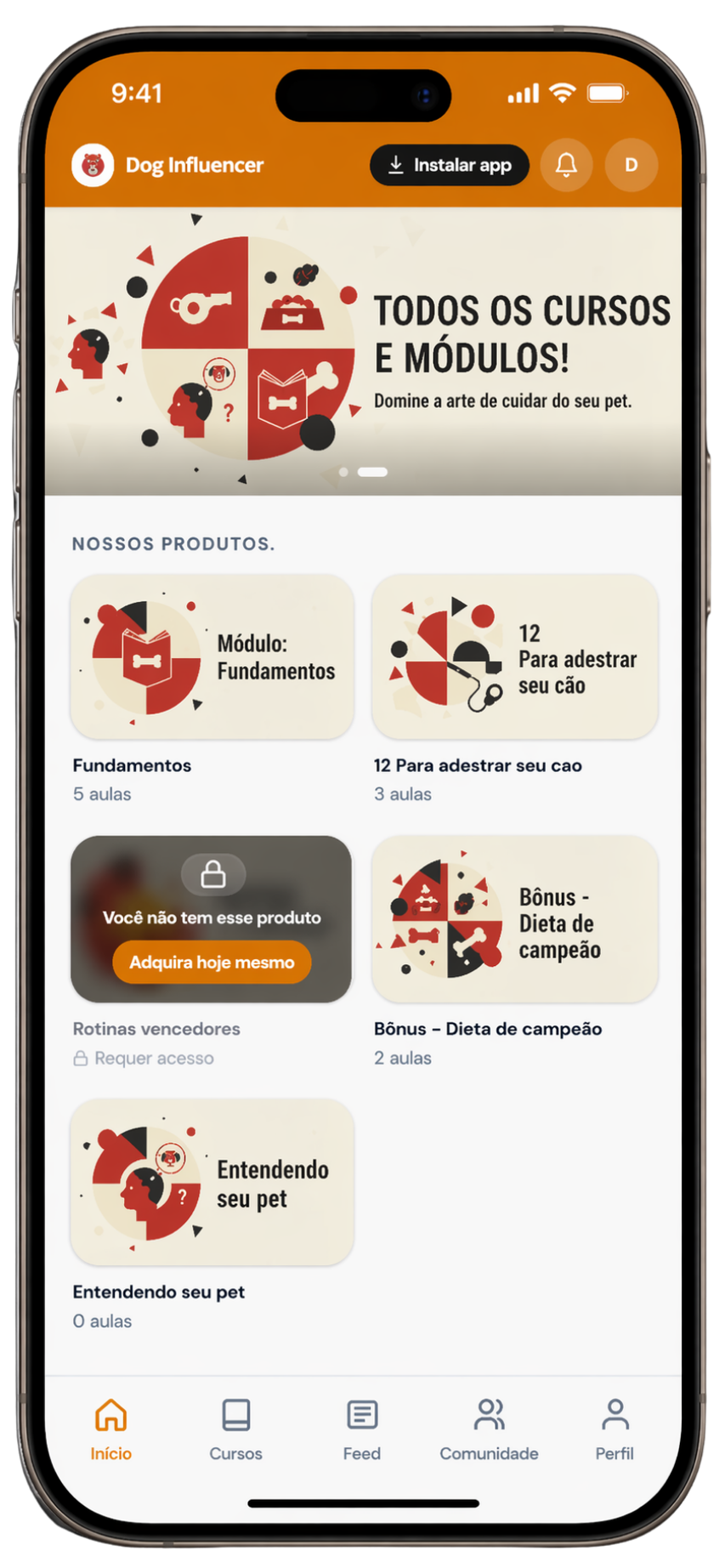 App tema Normal — grid de cursos em 2 colunas, header colorido